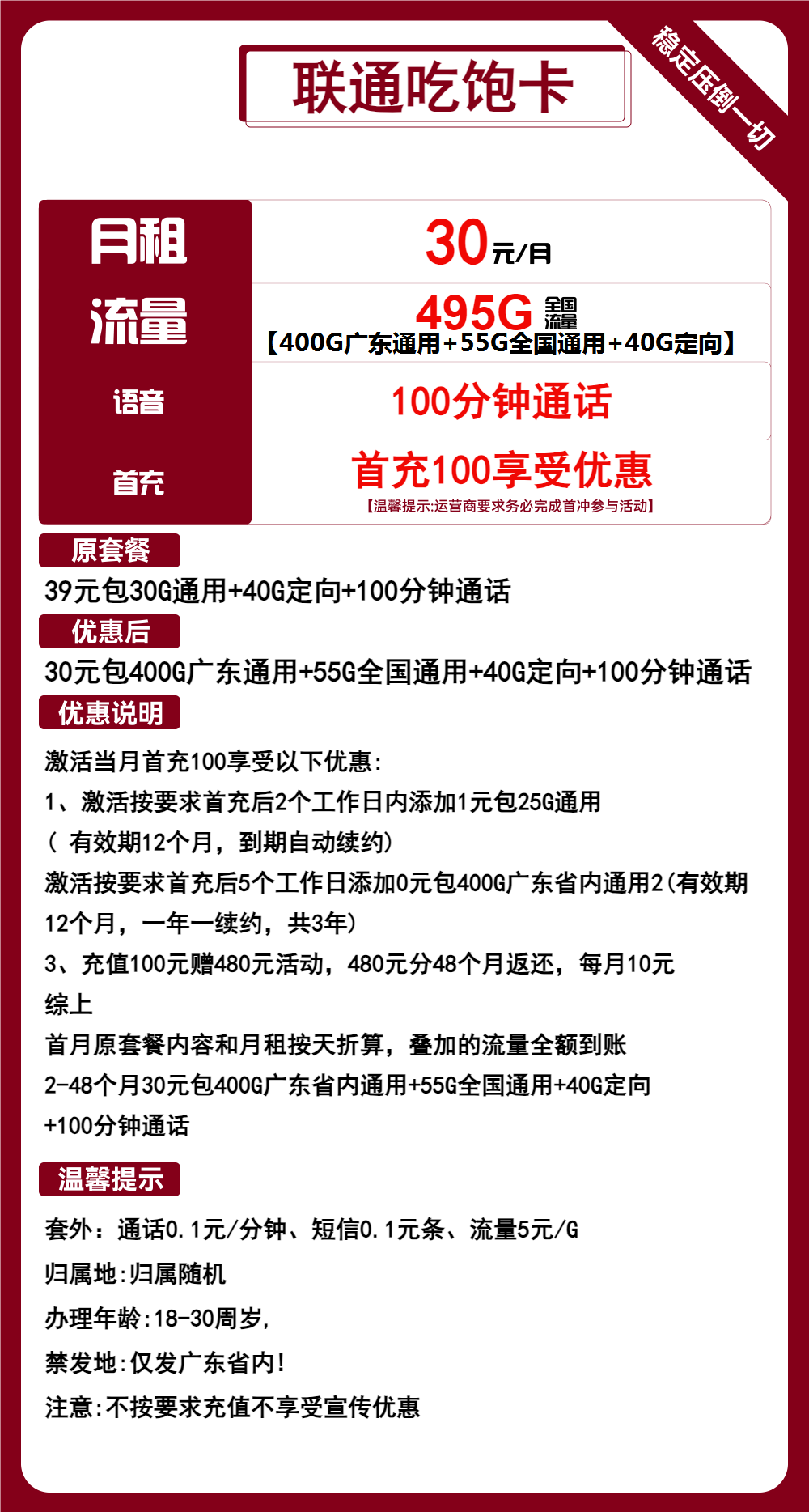联通吃饱卡30元月包400G广东通用流量+55G全国通用流量+40G定向流量+100分钟通话（4年套餐，超大流量，仅发广东省内）