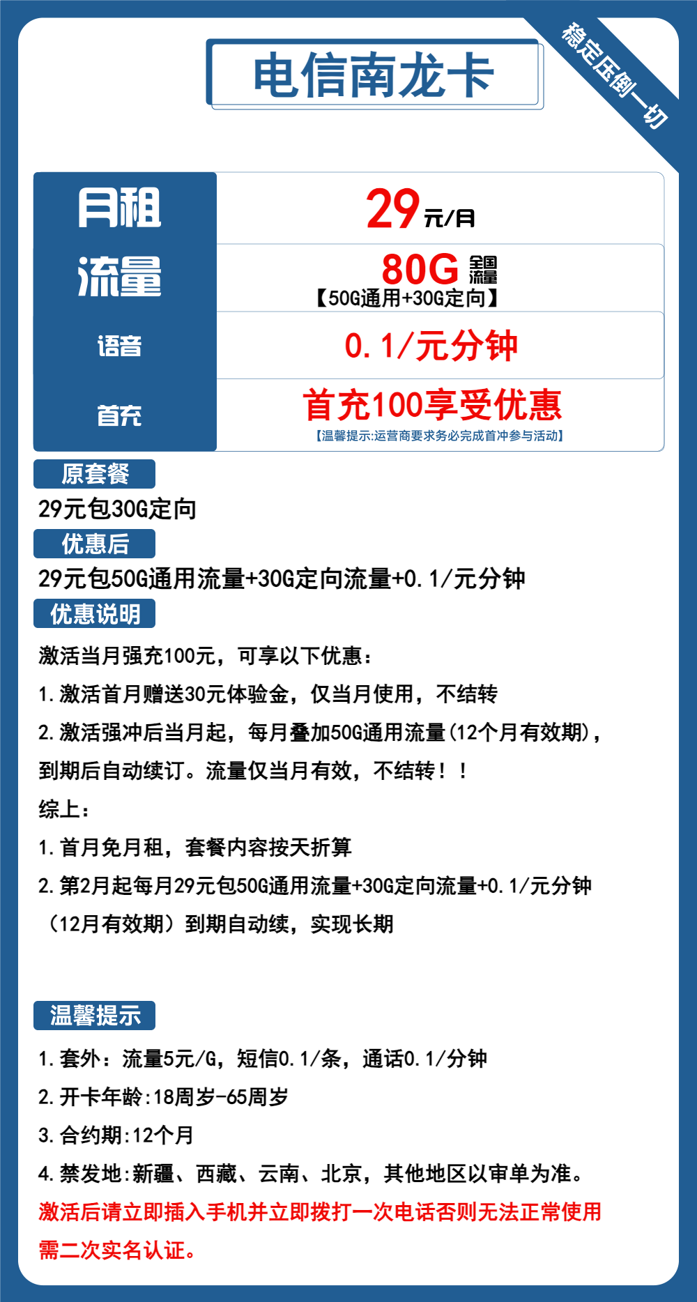 电信南龙卡①29元月包50G通用流量+30G定向流量+通话0.1元/分钟(长期套餐,可选号)