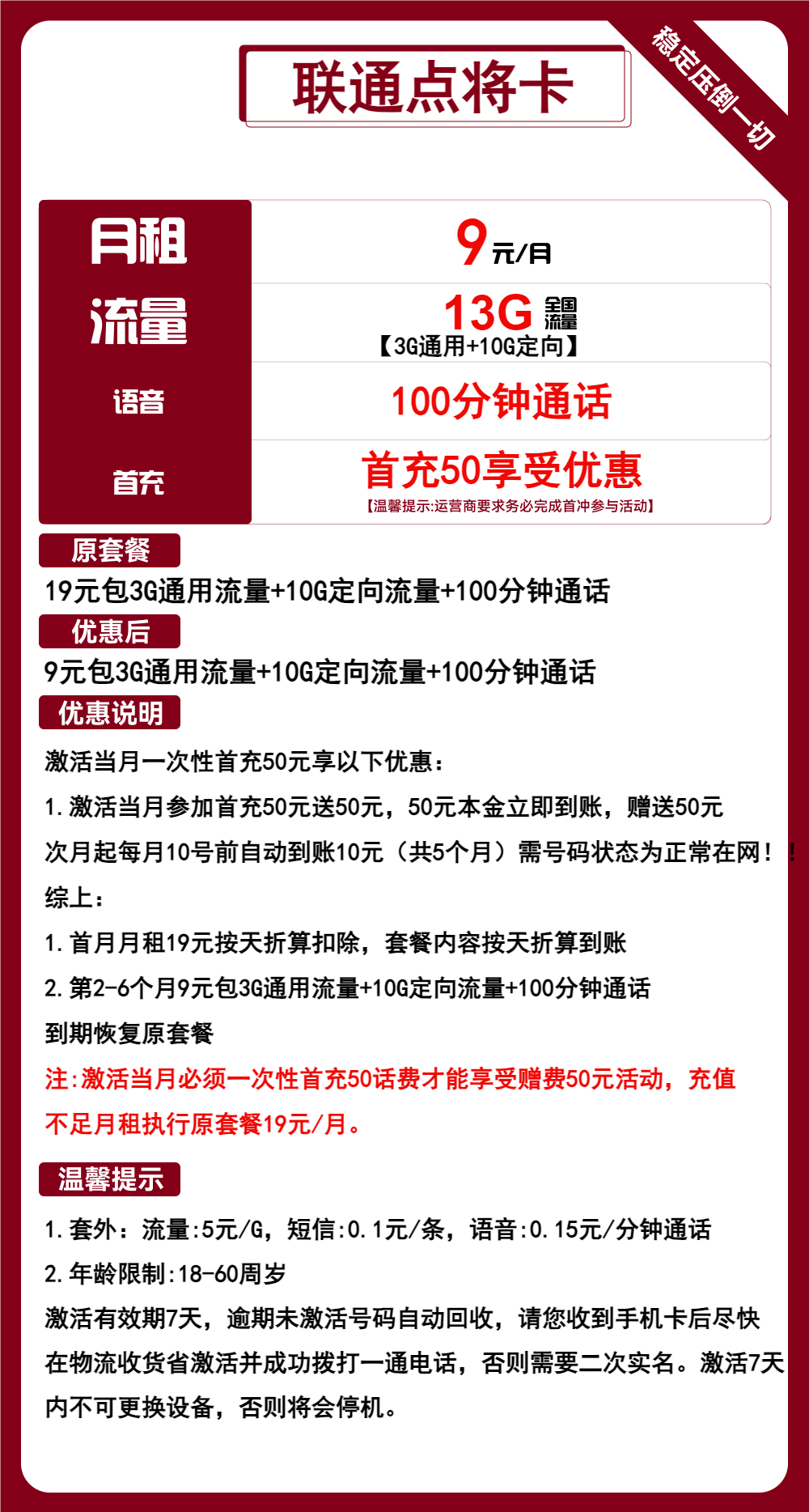 联通点将卡9元月包3G通用流量+10G定向流量+100分钟通话(第7个月起19元月租,长期套餐,可选号)