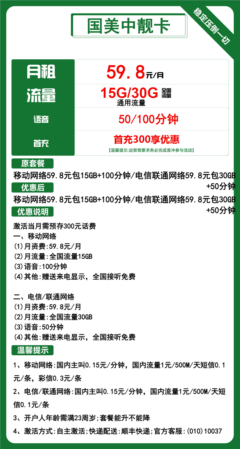 移动国美中靓卡59.8元月包15G通用流量+100分钟通话(长期套餐,AAA靓号)