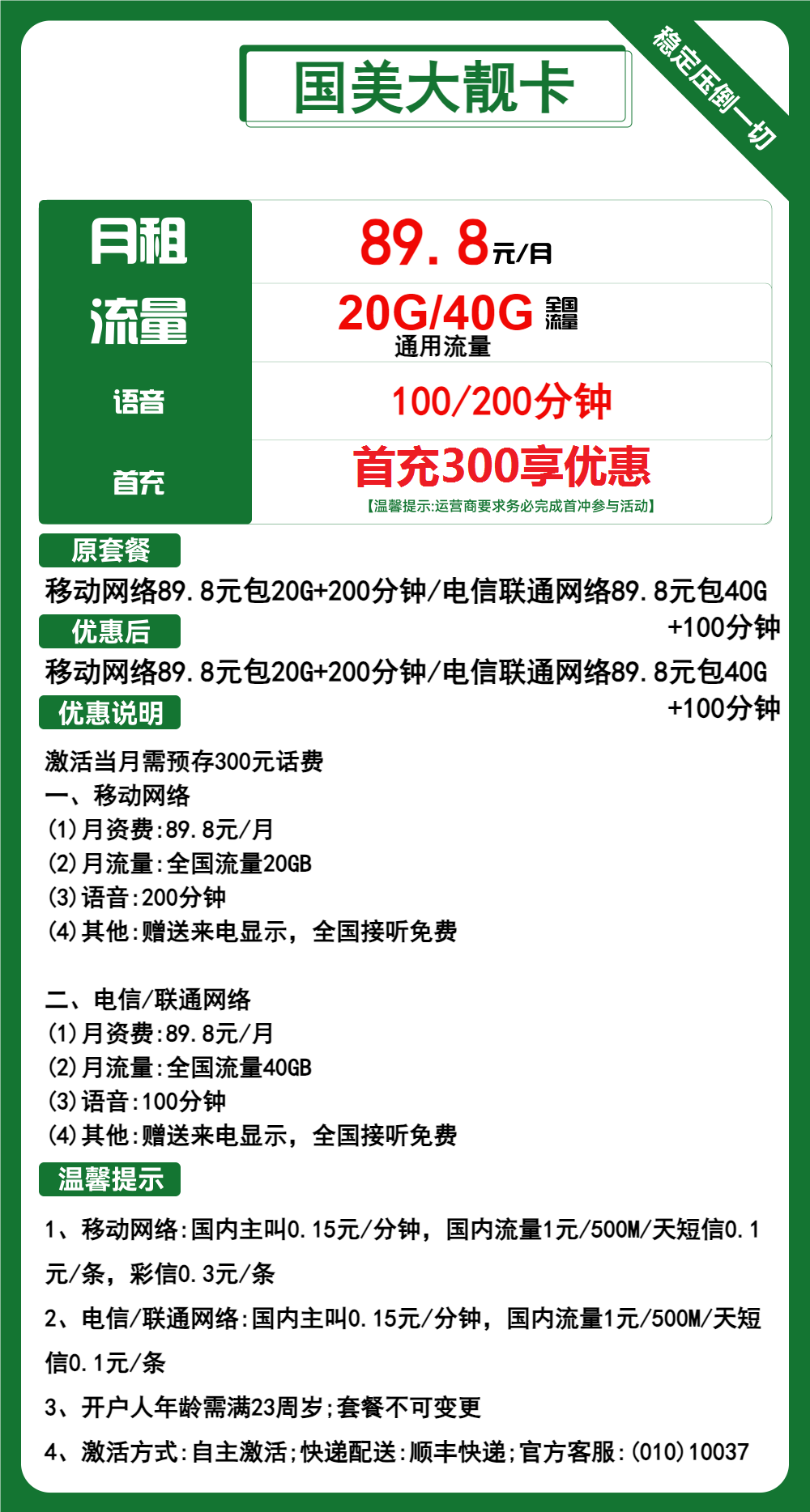 移动国美大靓卡89.8元月包20G通用流量+200分钟通话(长期套餐,AAA靓号)