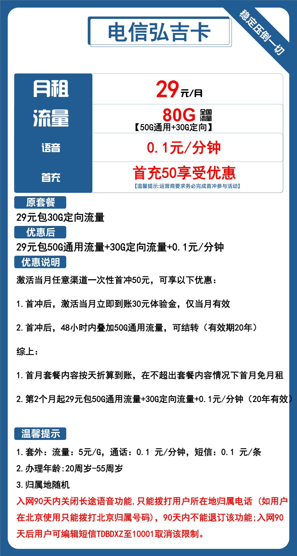 电信弘吉卡29元月包50G通用流量+30G定向流量+通话0.1元/分钟(长期套餐,流量可结转)