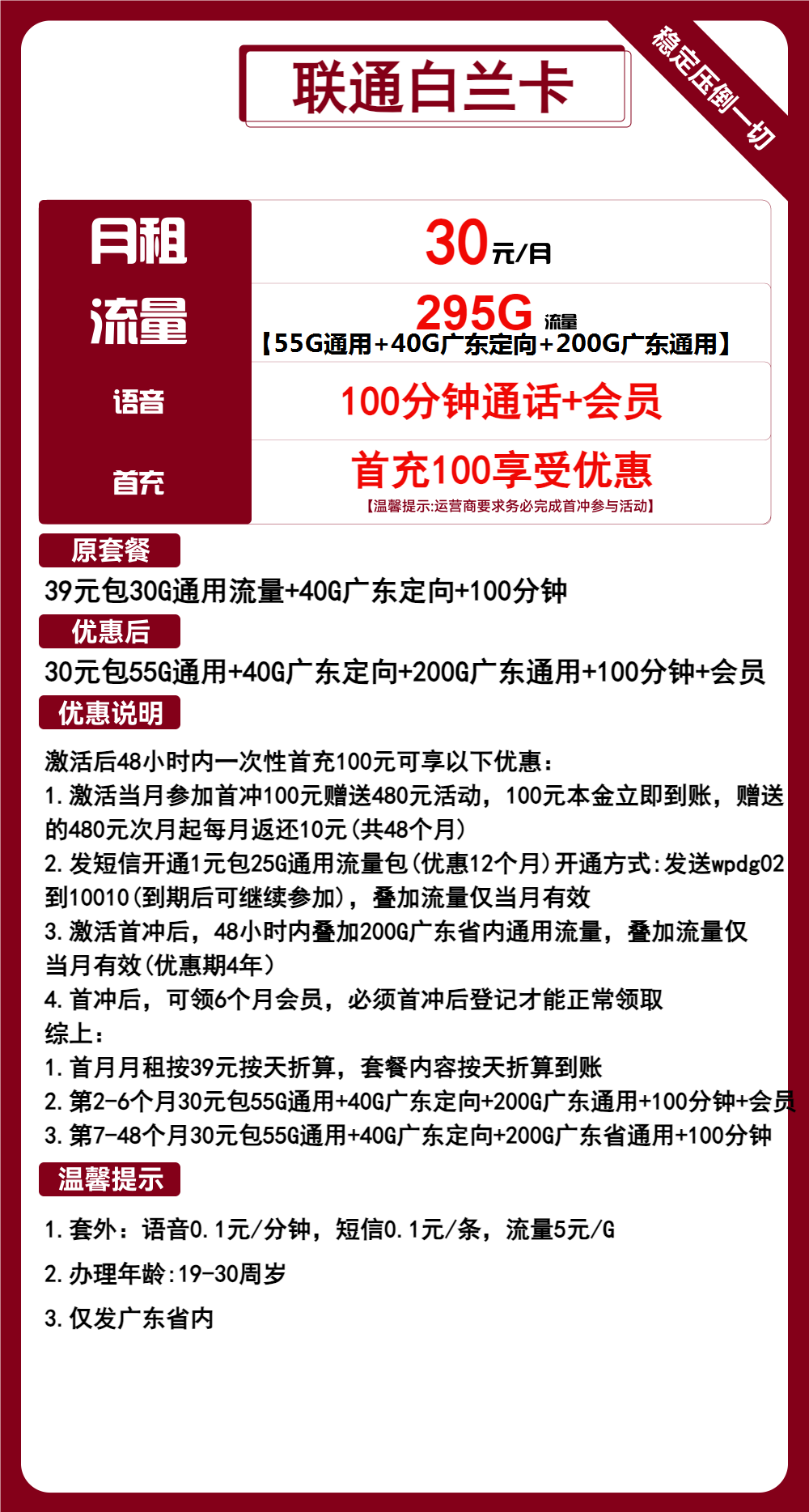 联通白兰卡30元月包55G通用流量+40G广东定向流量+200G广东通用流量+100分钟通话+会员（4年套餐，送6个月视频会员，仅发广东省内）