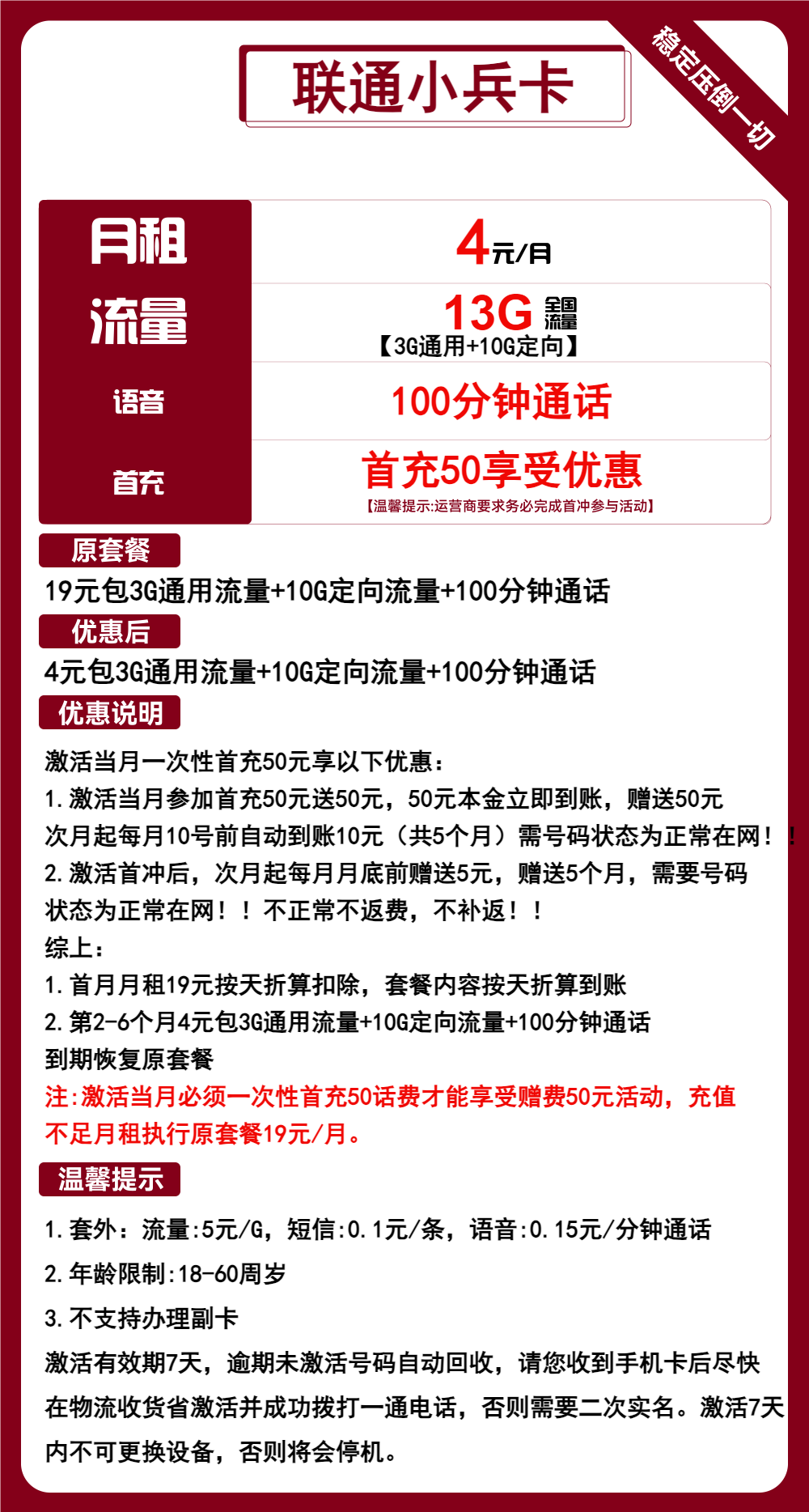 联通小兵卡4元月包3G通用流量+10G定向流量+100分钟通话(第7个月起19元月租,长期套餐,可选号)