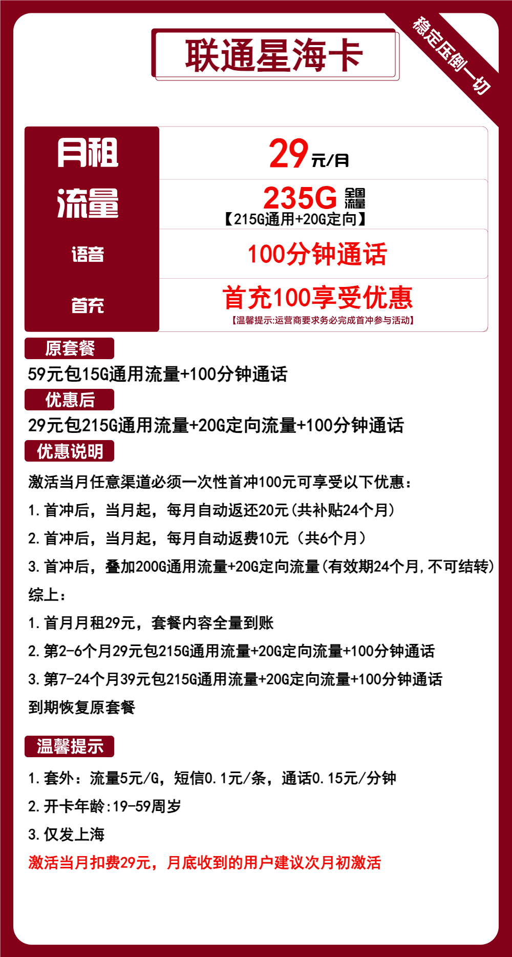 联通星海卡29元月包215G通用流量+20G定向流量+100分钟通话（第7个月起39元月租，2年套餐，仅发上海市内）