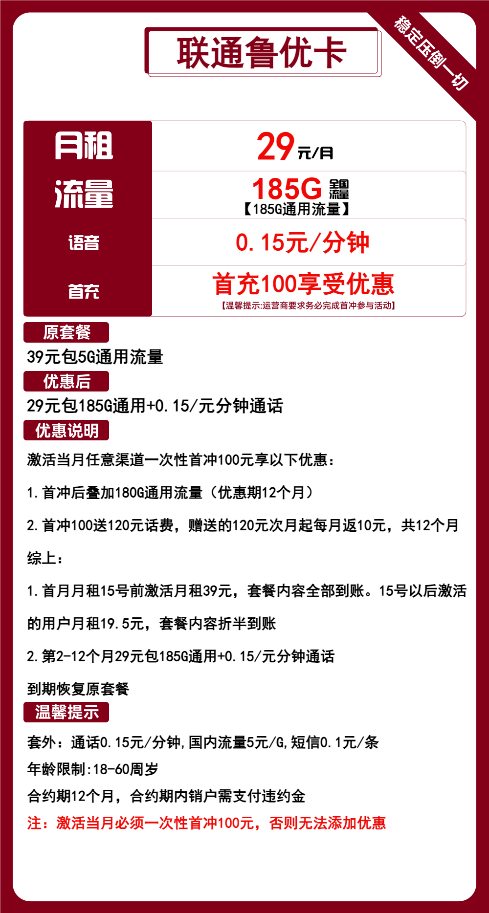 联通鲁优卡29元月包185G通用流量+通话0.15元/分钟(1年套餐,仅发山东省内)