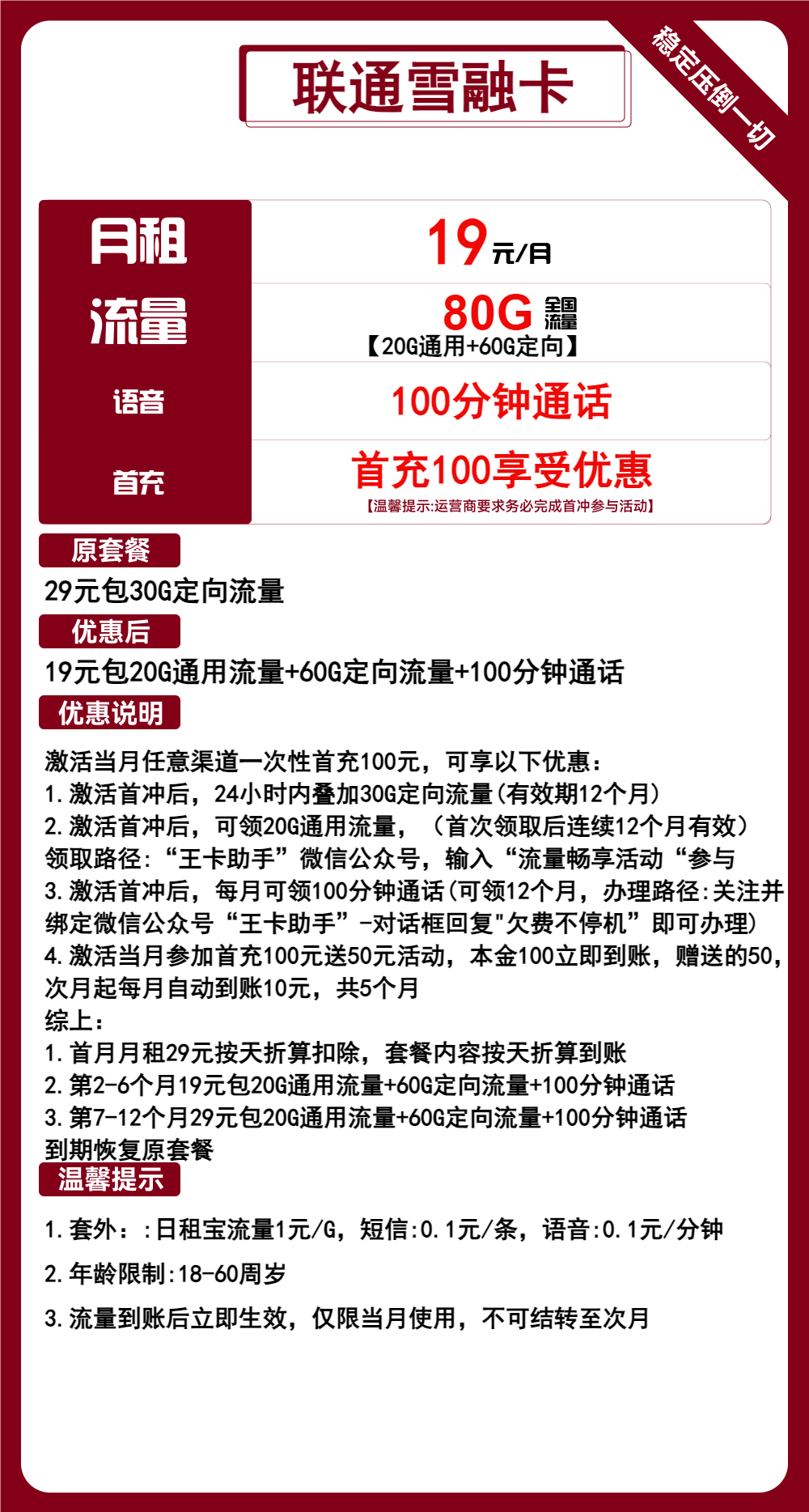联通雪融卡19元月包20G通用流量+60G定向流量+100分钟通话(1年套餐,收货地为归属地)