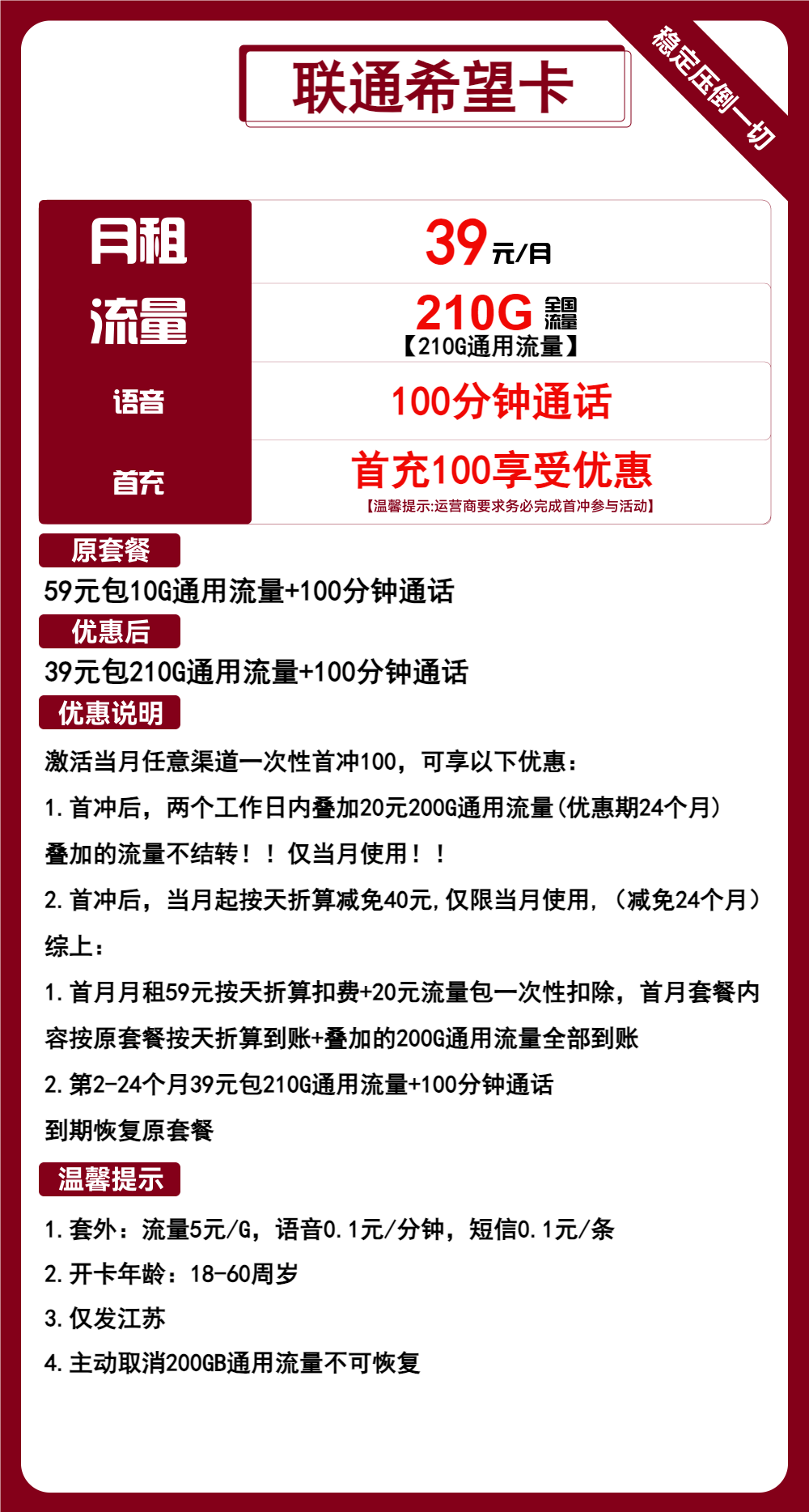 联通希望卡39元月包210G通用流量+100分钟通话（2年套餐，收货地为归属地，仅发江苏省内）