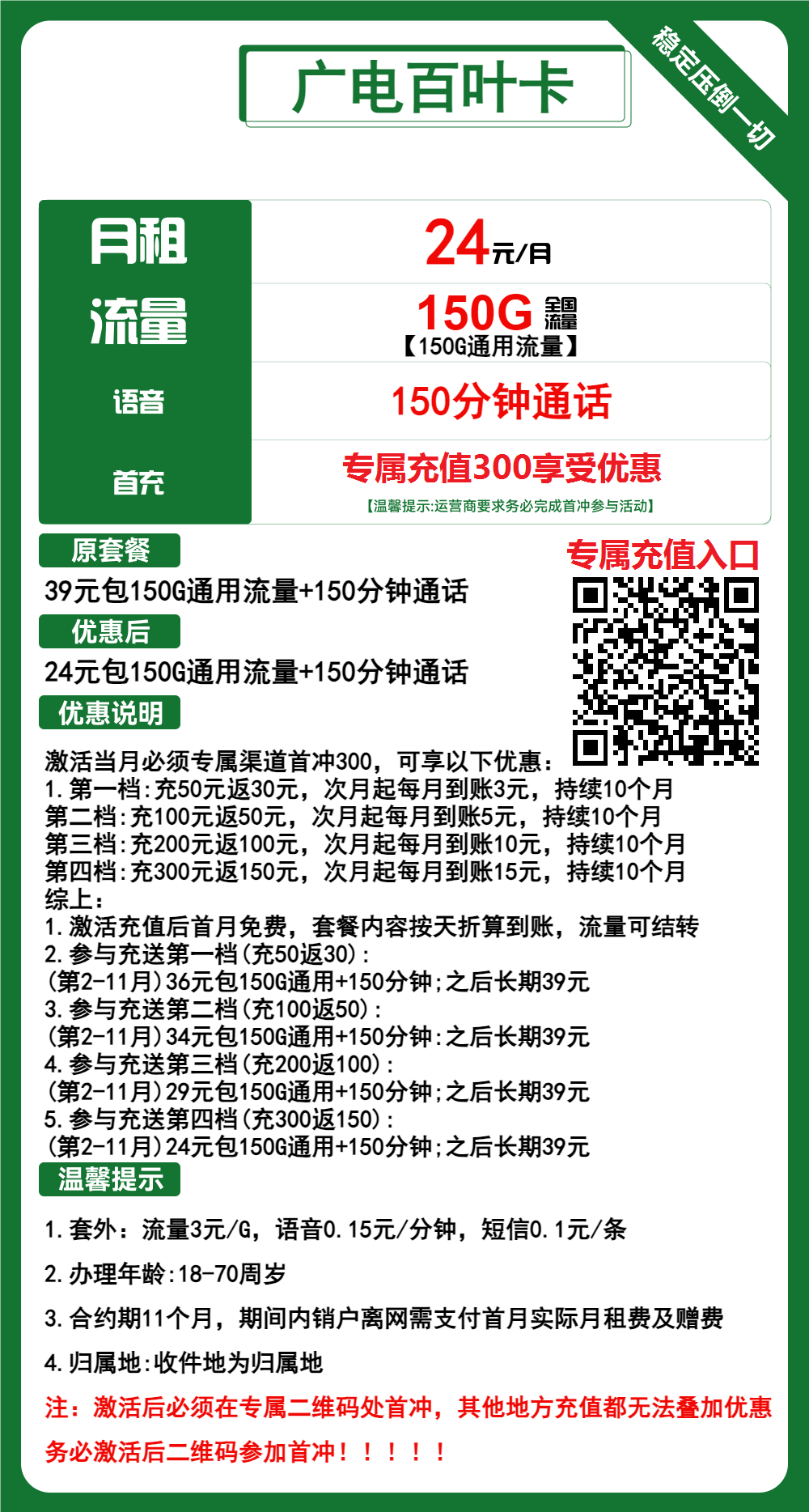 广电百叶卡24元月包150G通用流量+150分钟通话(第12个月起39元月租,长期套餐,流量可结转,收货地为归属地)