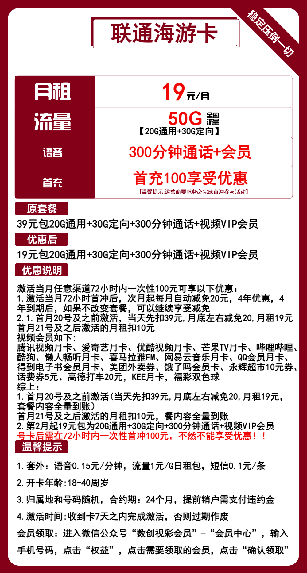 联通海游卡19元月包20G通用流量+30G定向流量+300分钟通话+会员(长期套餐,长期会员)