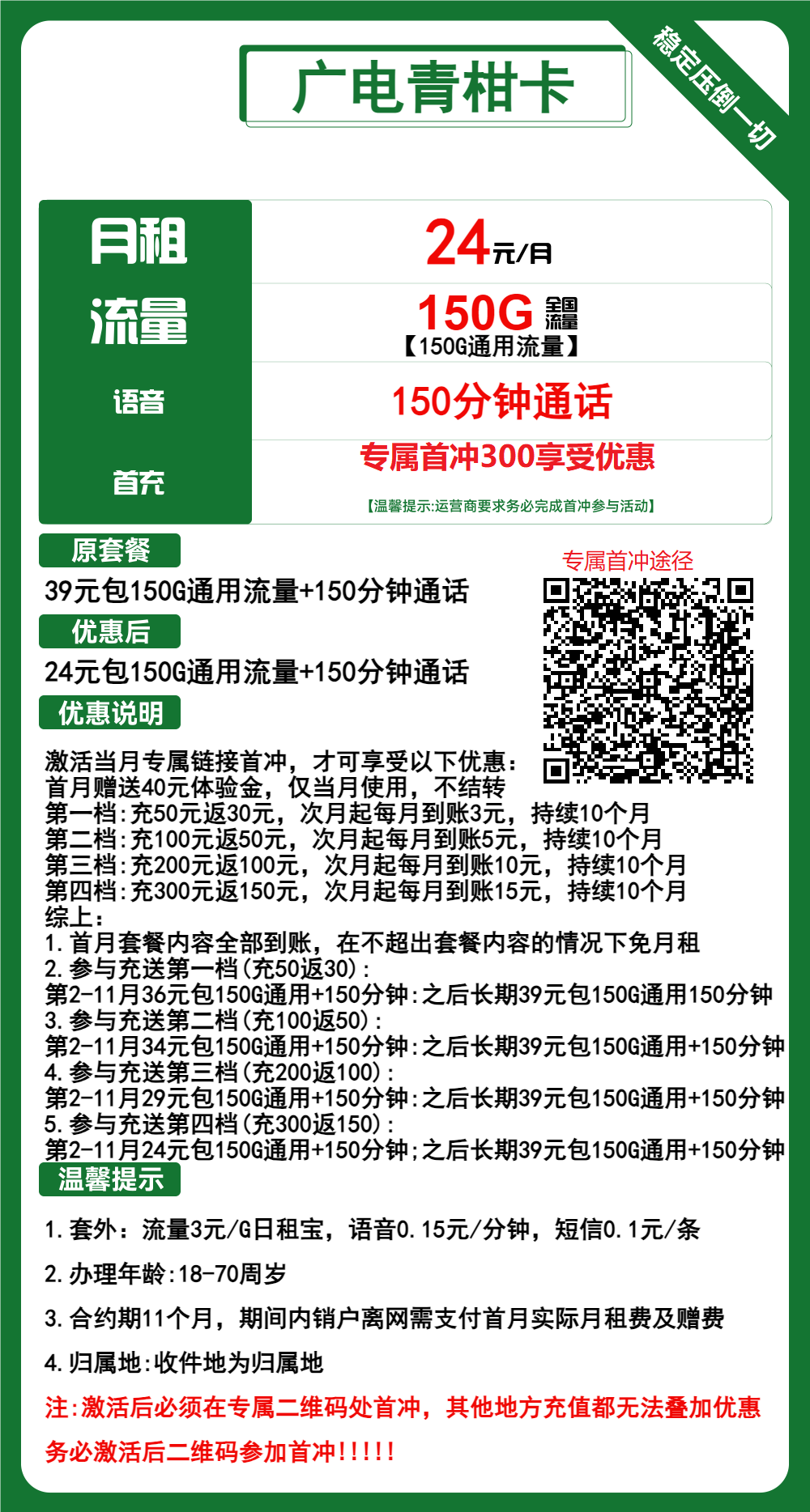 广电青柑卡24元月包150G通用流量+150分钟通话(第12个月起39元月租,长期套餐,流量可结转,收货地为归属地,可选号)