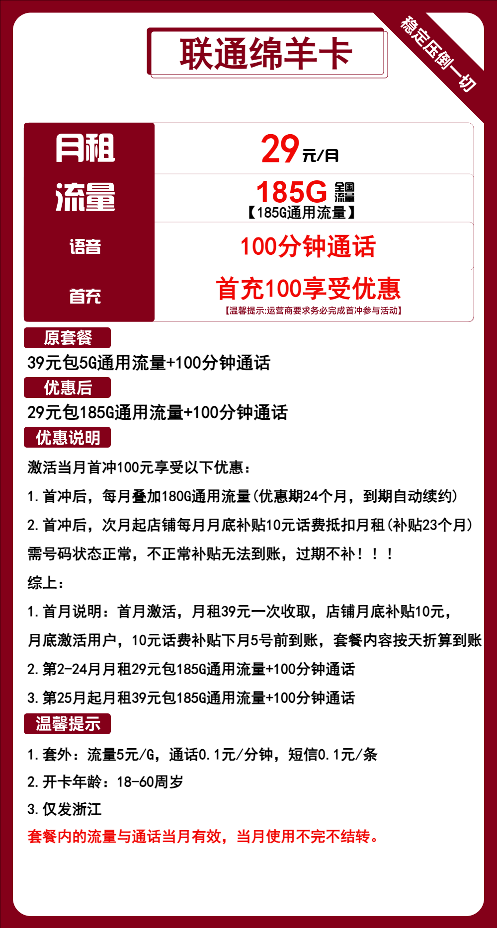 联通绵羊卡29元月包185G通用流量+100分钟通话(第25个月起39元月租,长期套餐,仅发浙江省内)