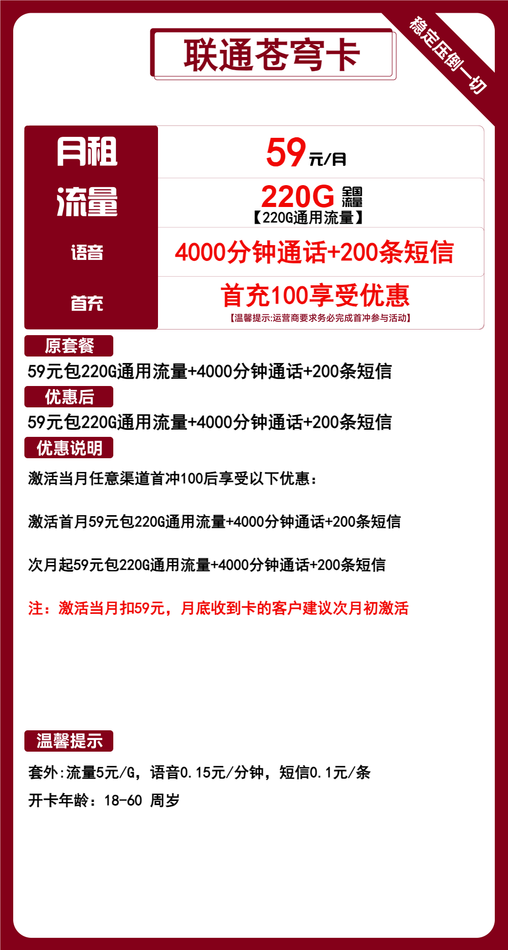 联通苍穹卡59元月包220G通用流量+4000分钟通话+200条短信(长期套餐,大通话)