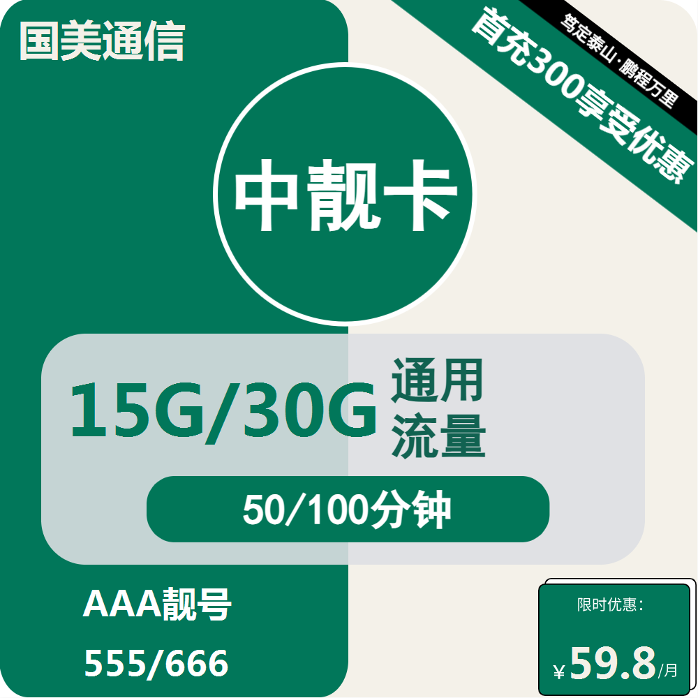 移动国美中靓卡59.8元月包15G通用流量+100分钟通话（长期套餐，AAA靓号）