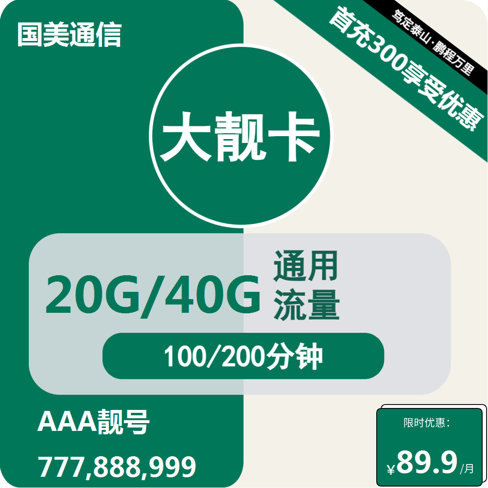 移动国美大靓卡89.8元月包20G通用流量+200分钟通话（长期套餐，AAA靓号）
