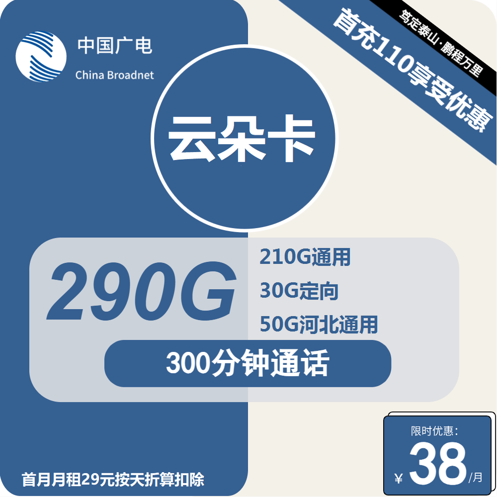 广电云朵卡38元月包210G通用流量+50G河北通用流量+30G定向流量+300分钟通话（长期套餐，流量可结转，大流量卡）