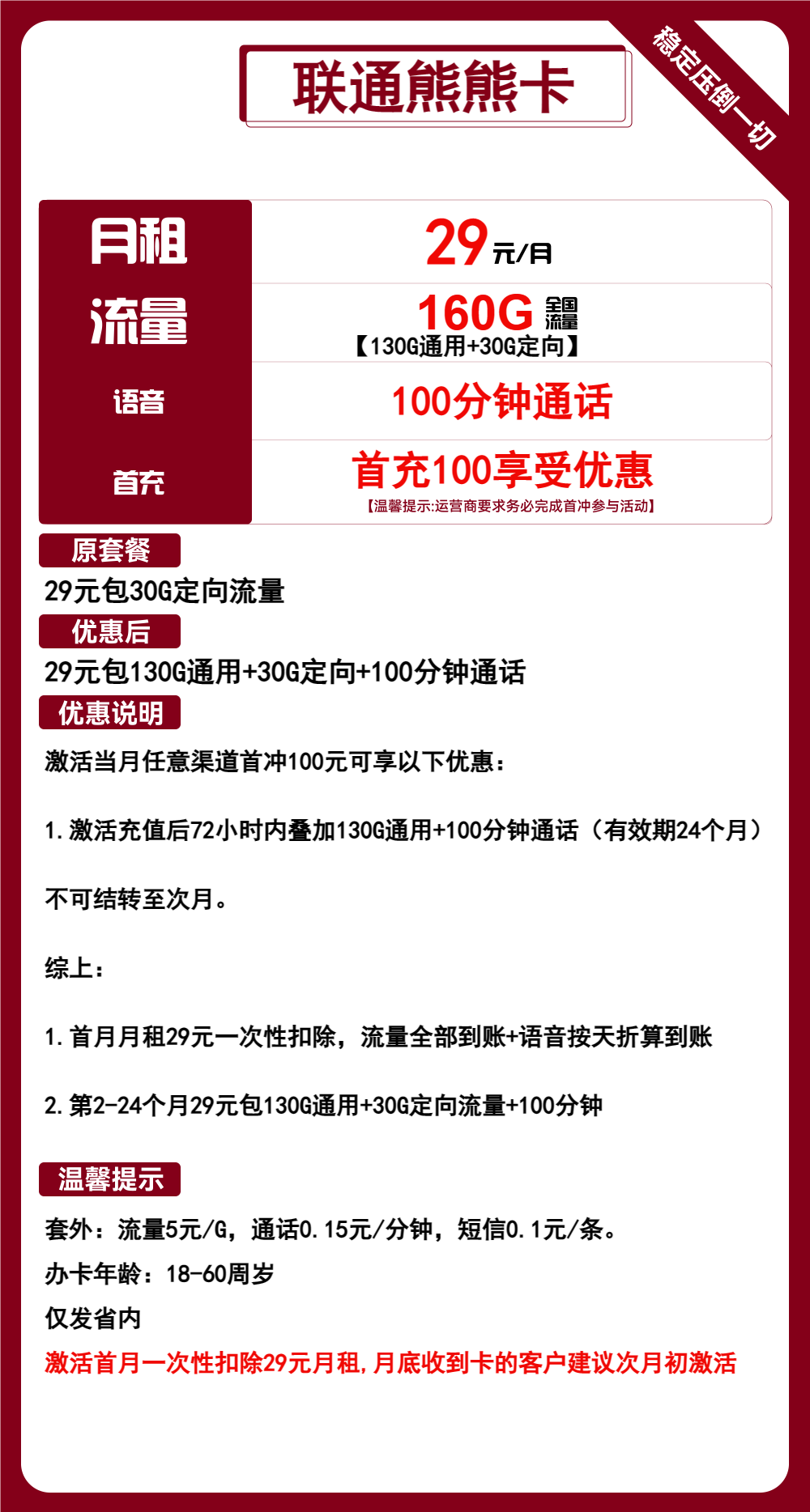 联通熊熊卡29元月包130G通用流量+30G定向流量+100分钟通话(2年套餐,大流量卡,仅发陕西省内)