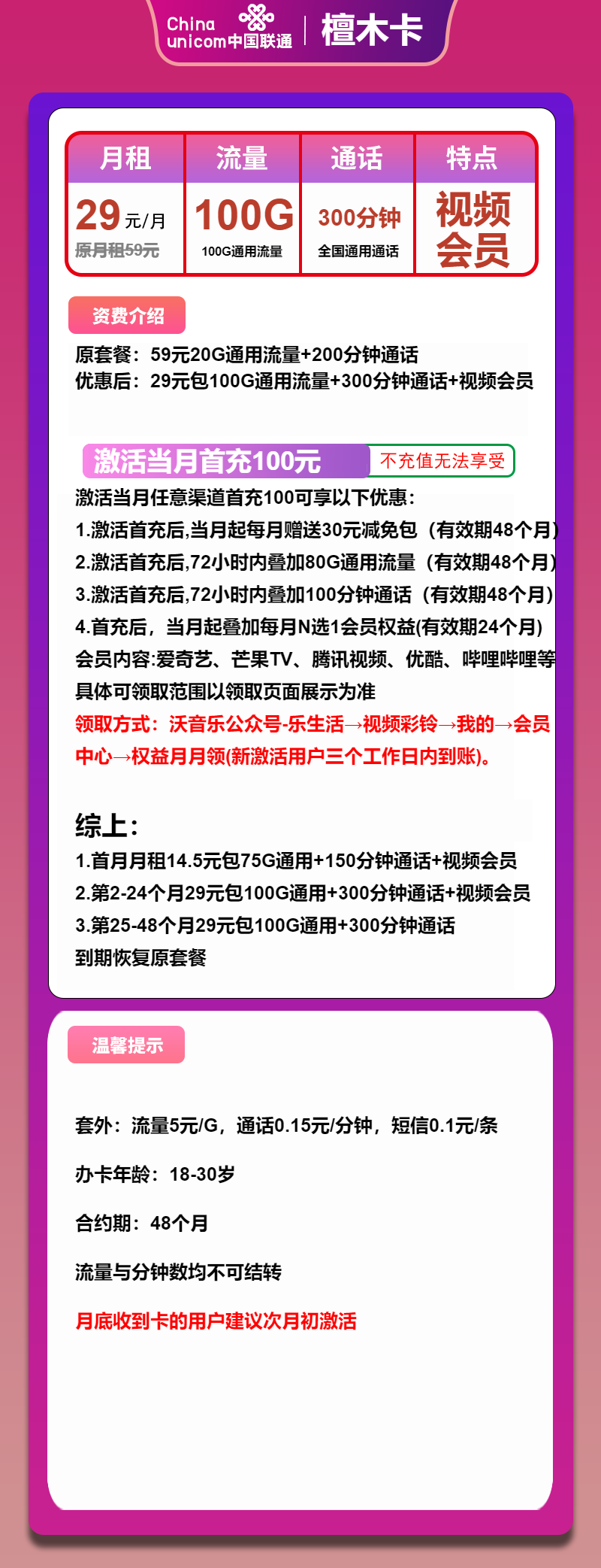 联通檀木卡29元月包100G通用流量+300分钟通话+会员（4年套餐，送2年视频会员）