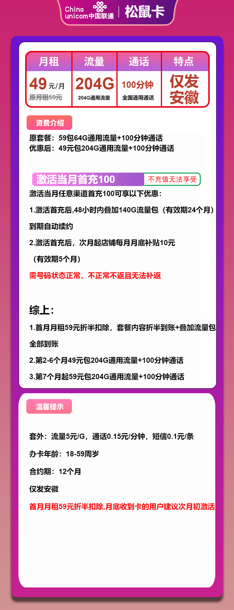 联通松鼠卡②49元月包204G通用流量+100分钟通话(长期套餐,仅发安徽省内)