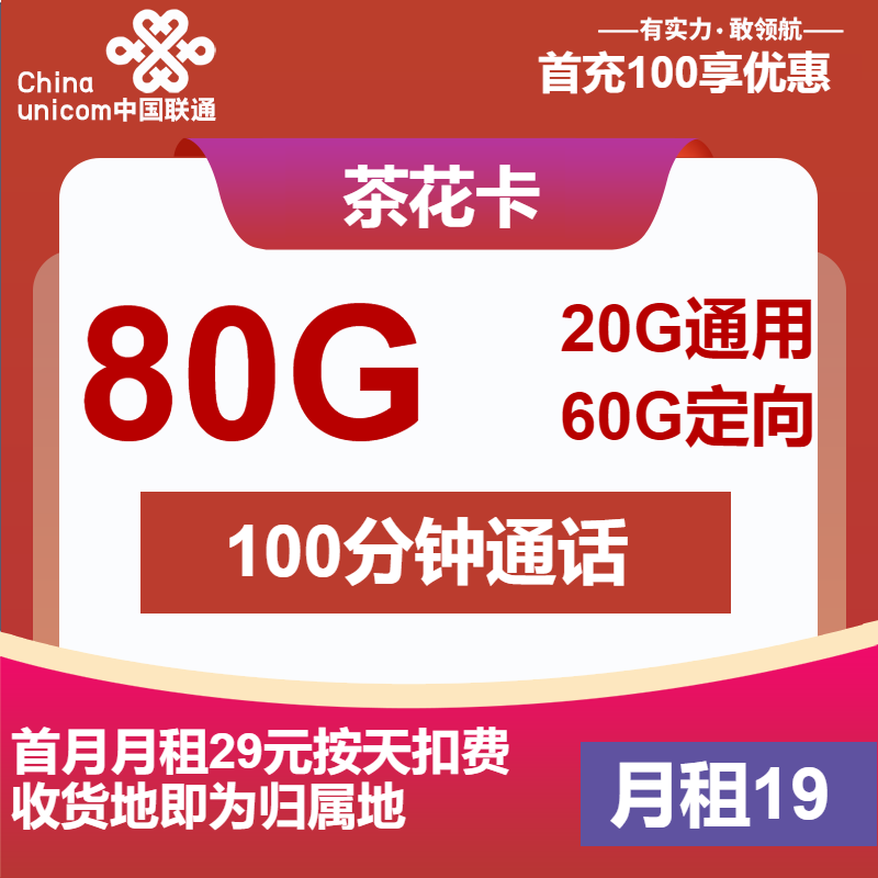 联通茶花卡19元月包20G通用流量+60G定向流量+100分钟通话（第7个月起29元月租，1年套餐，收货地为归属地）
