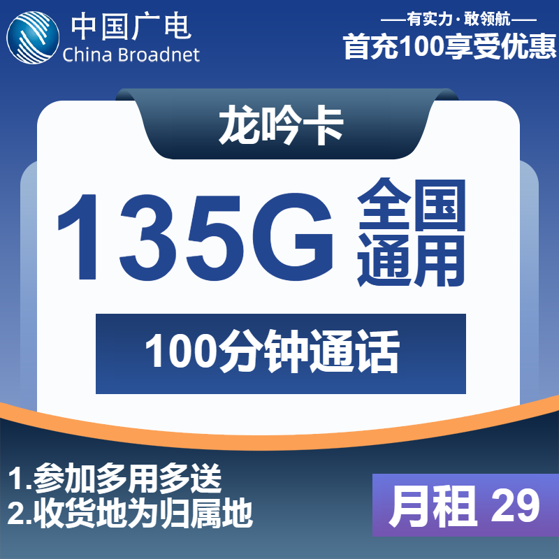 广电龙吟卡29元月包135G通用流量+100分钟通话（第13个月起31元月租，长期套餐，收货地为归属地，可选号）