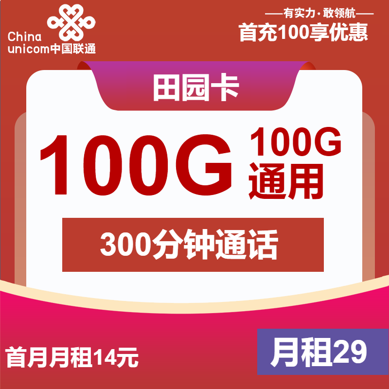 联通田园卡29元月包100G通用流量+300分钟通话+视频会员（4年套餐，送2年视频会员）