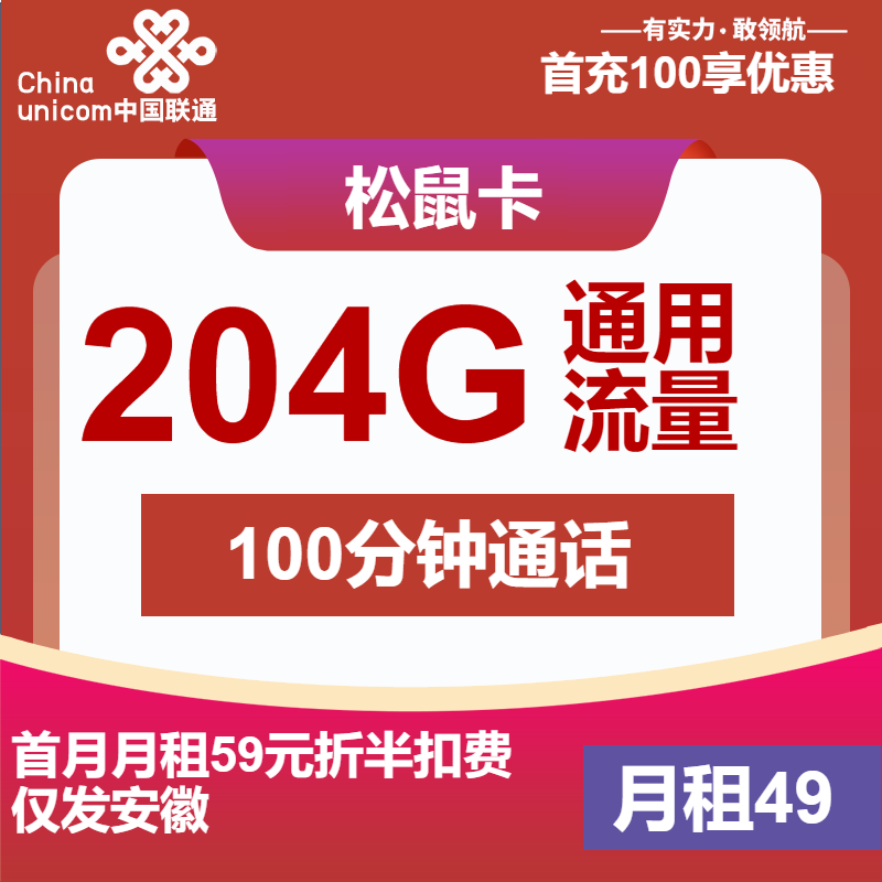 联通松鼠卡①49元月包204G通用流量+100分钟通话（第7个月起59元月租，长期套餐，仅发安徽省内）