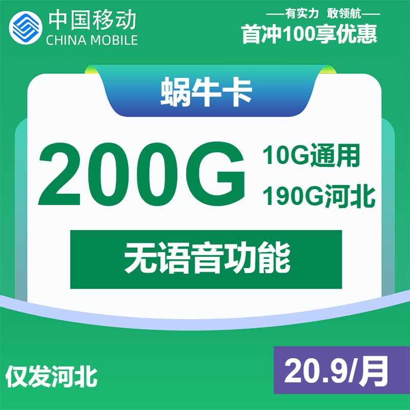 移动蜗牛卡20.9元月包10G通用流量+190G河北通用流量+无语音功能（长期套餐，仅发河北省内）