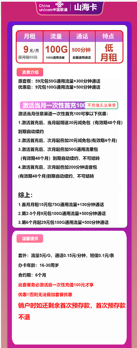 联通山海卡9元月包100G通用流量+500分钟通话+1年视频会员(第6个月起29元月租,长期套餐,仅发浙江省内)