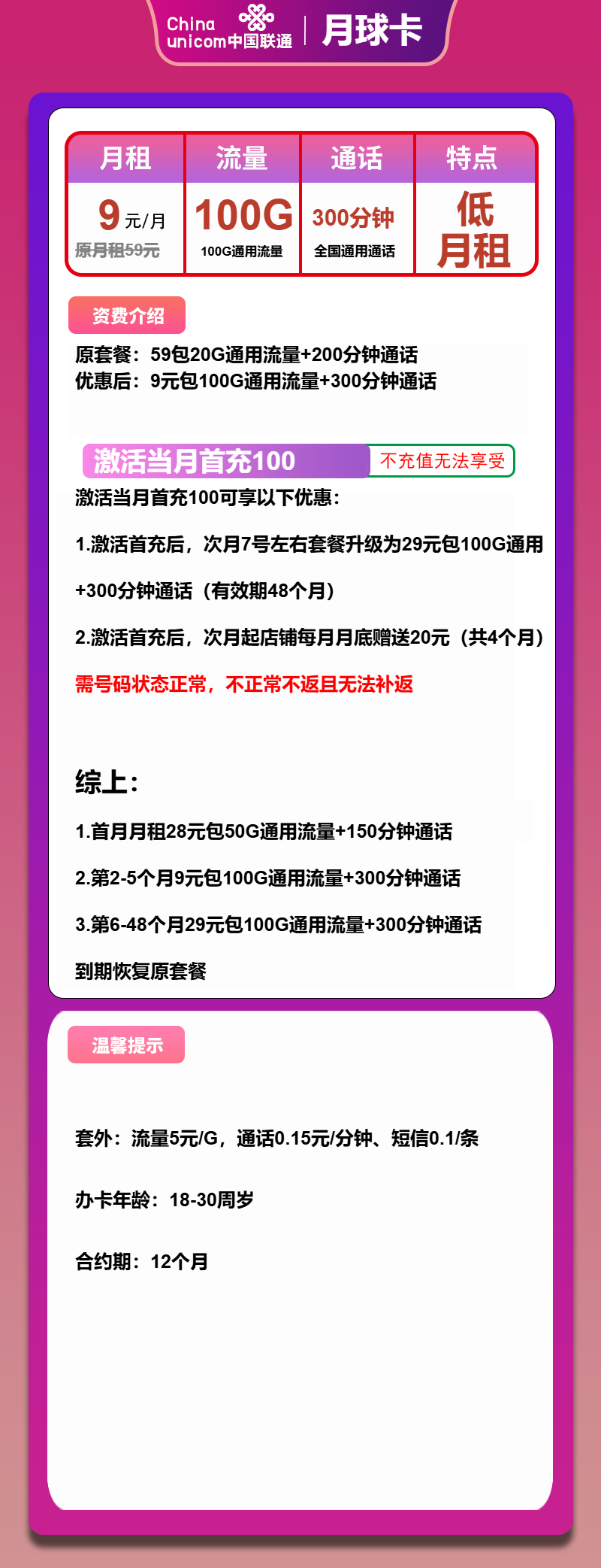联通月球卡9元月包100G通用流量+300分钟通话（第6个月起29元月租，4年套餐，激活后补卡）