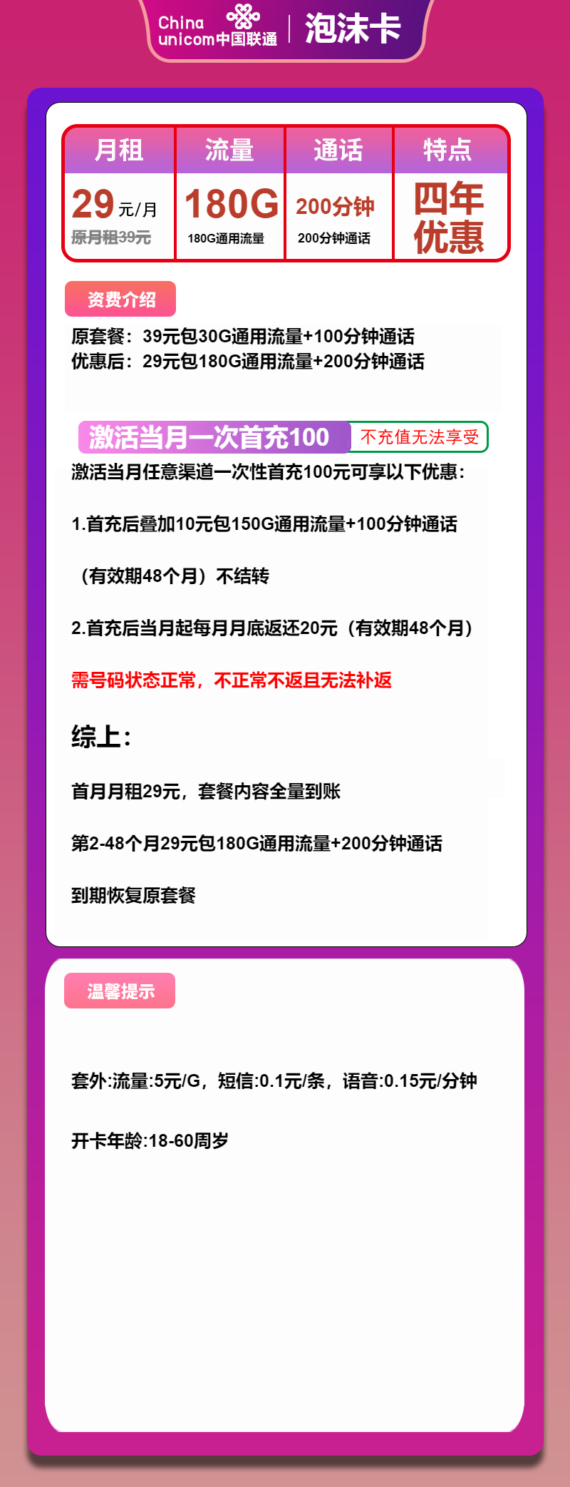联通泡沫卡29元月包180G通用流量+200分钟通话（4年套餐，仅发安徽省内）