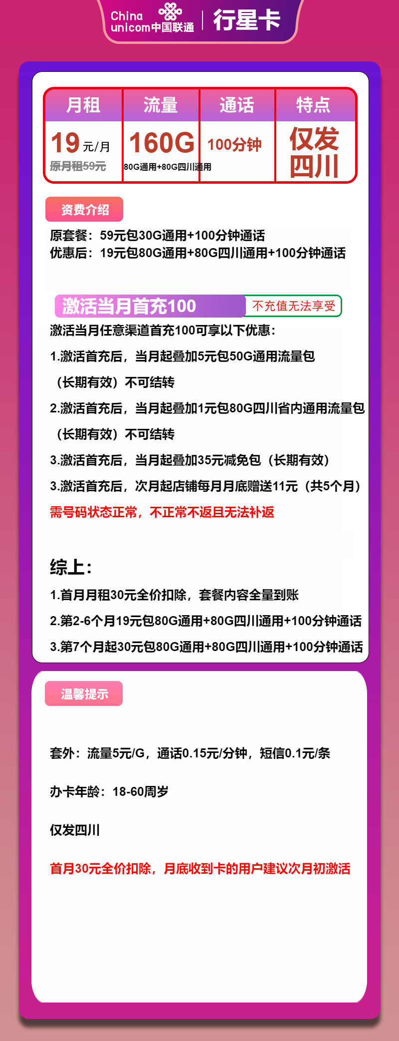 联通行星卡19元月包80G通用流量+80G四川通用流量+100分钟通话（第7个月起30元月租，长期套餐，仅发四川省内）