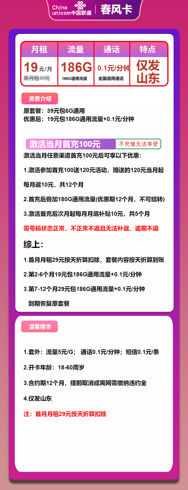 联通春风卡19元月包186G通用流量+通话0.1元/分钟(第7个月起29元月租,长期套餐,收货地为归属地,仅发山东省内)