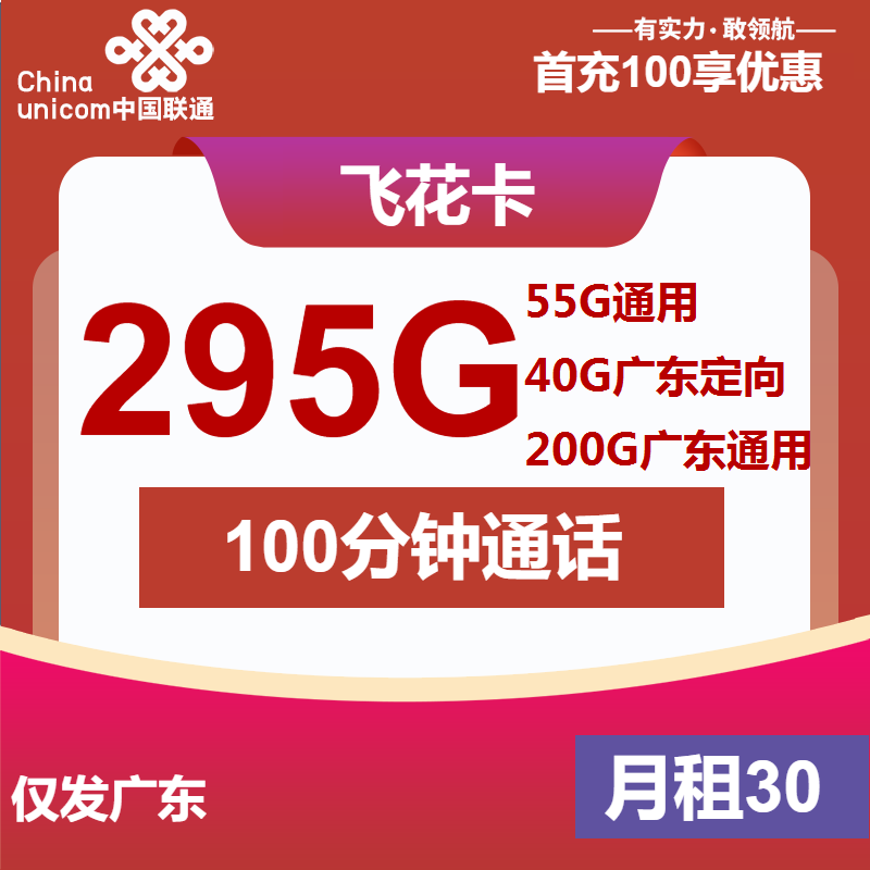 联通飞花卡30元月包55G通用流量+40G广东定向流量+200G广东通用流量+100分钟通话（4年套餐，仅发广东省内）