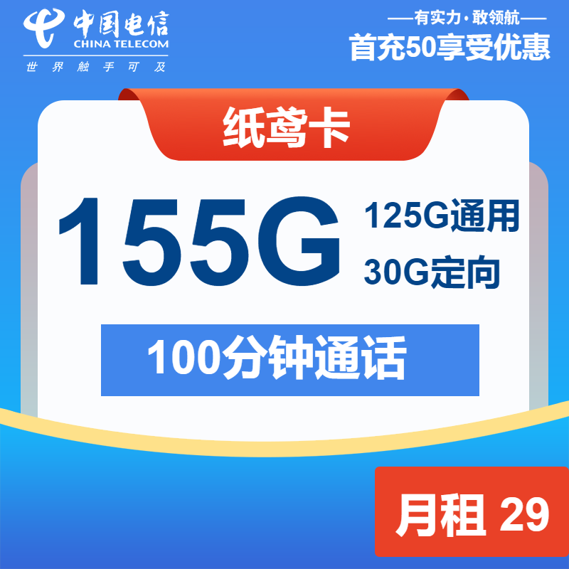 电信纸鸢卡29元月包125G通用流量+30G定向流量+100分钟通话（1年套餐，大流量卡）