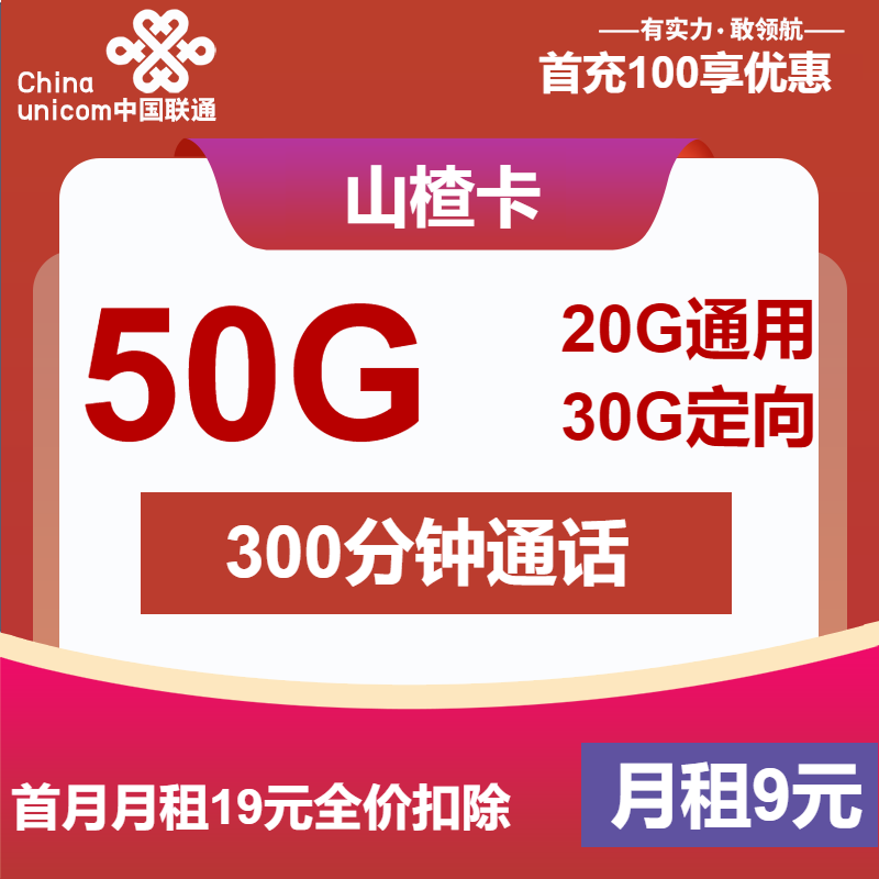 联通山楂卡9元月包20G通用流量+30G定向流量+300分钟通话（第7个月起19元月租，长期套餐）