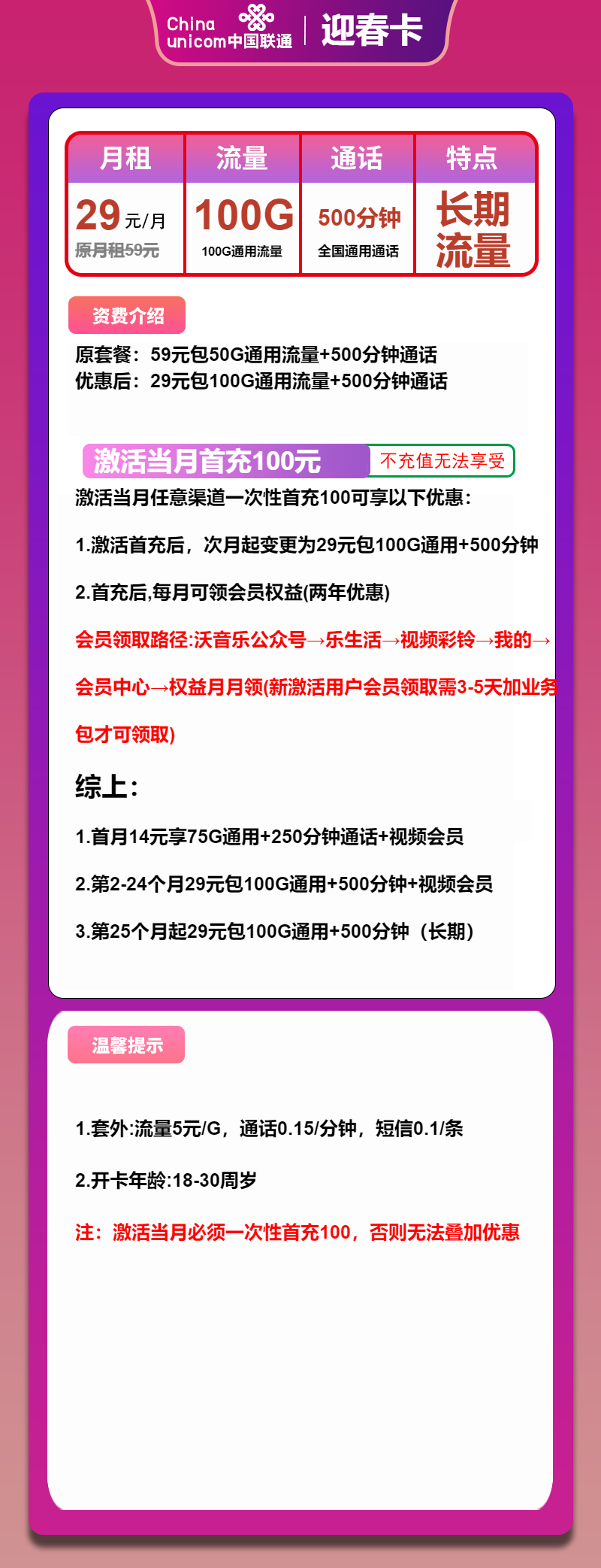 联通迎春卡29元月包100G通用流量+500分钟通话+会员（长期套餐，送2年视频会员）