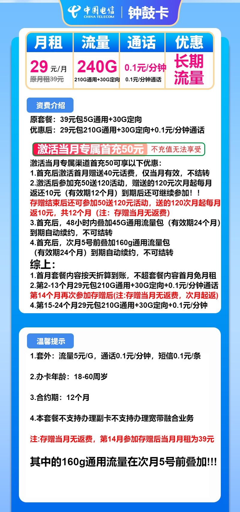 电信钟鼓卡②29元月包210G通用流量+30G定向流量+通话0.1元/分钟(长期套餐)