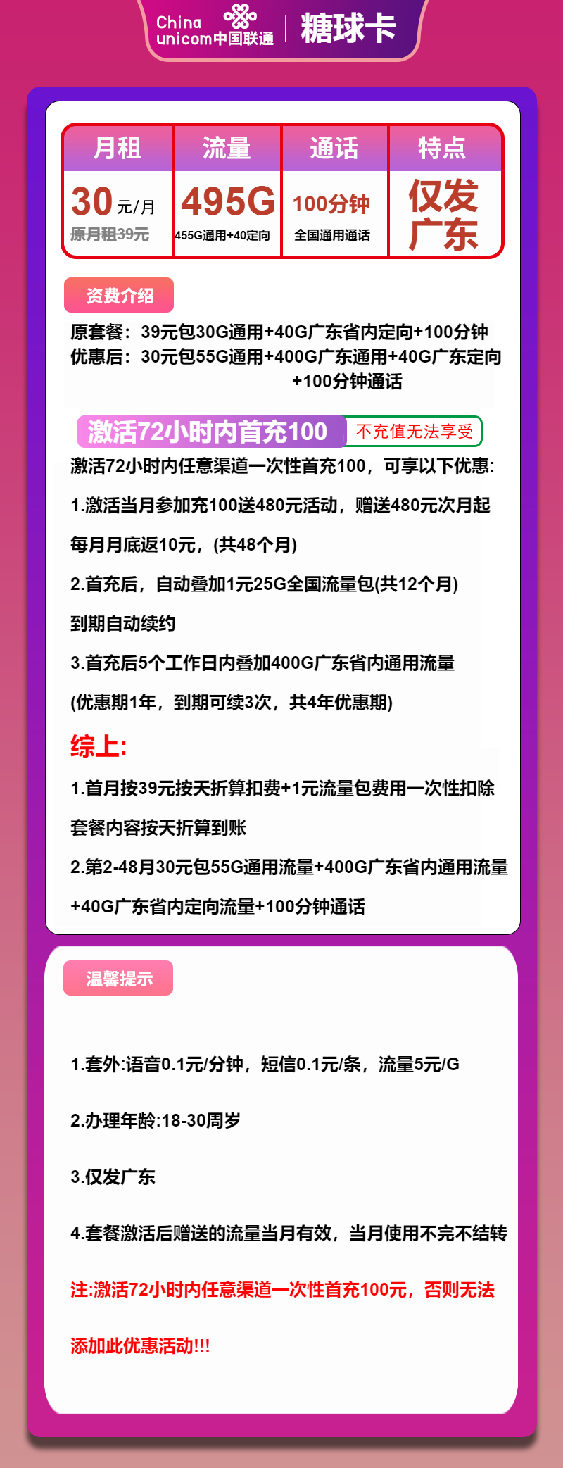 联通糖球卡①30元月包400G广东通用流量+55G全国通用流量+40G定向流量+100分钟通话(4年套餐,仅发广东省内)