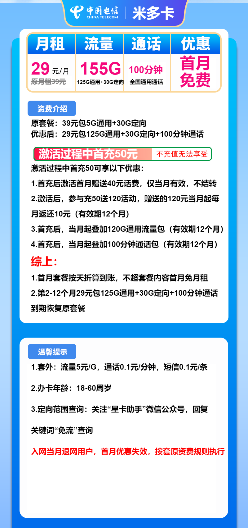 电信米多卡29元月包125G通用流量+30G定向流量+100分钟通话(1年套餐)