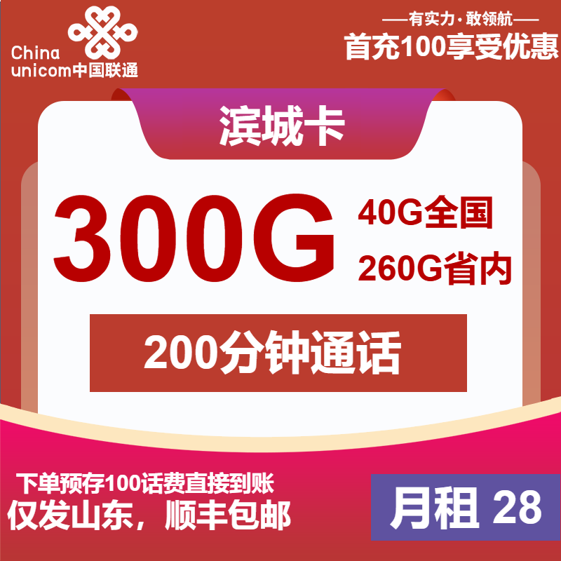 联通滨城卡28元月包300G通用流量+200分钟通话（长期套餐，仅发山东省内）