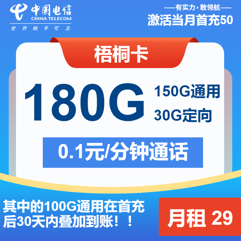 电信梧桐卡①29元月包150G通用流量+30G定向流量+通话0.1元/分钟（长期套餐）