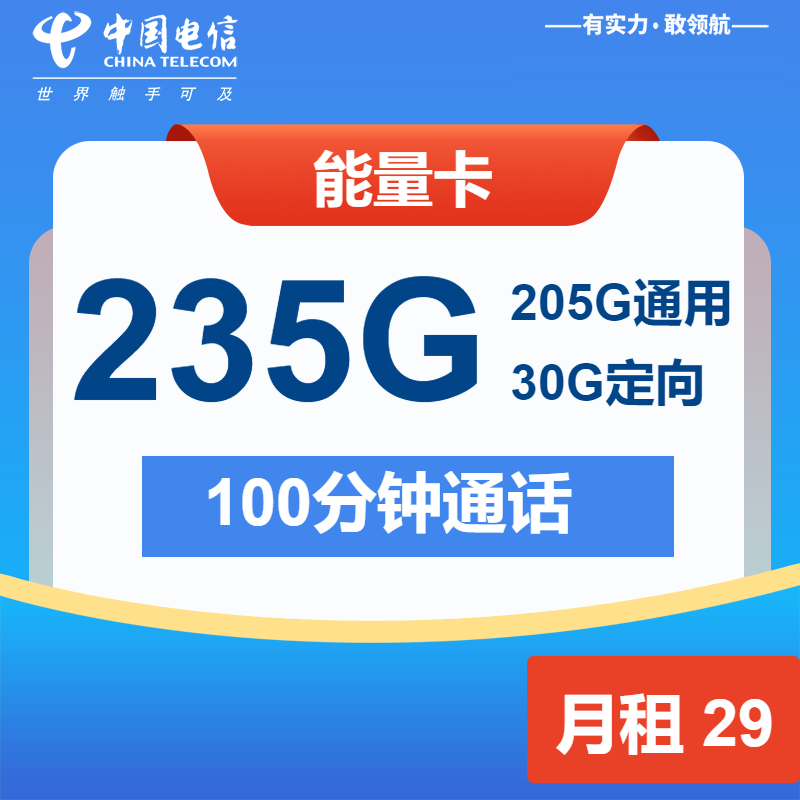 电信能量卡29元月包205G通用流量+30G定向流量+100分钟通话（仅发广东省内）