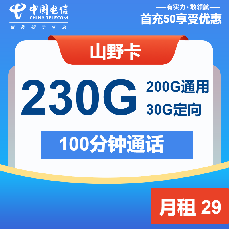 电信山野卡29元月包200G通用流量+30G定向流量+100分钟通话（第7个月起39元月租，2年套餐）
