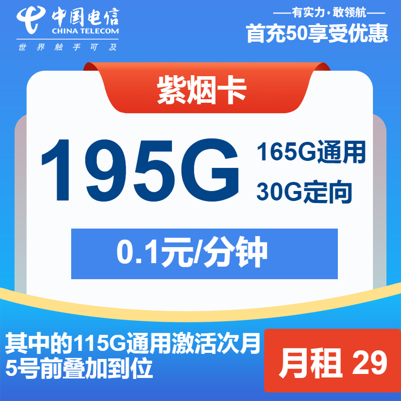 电信紫烟卡29元月包165G通用流量+30G定向流量+通话0.1元/分钟（长期套餐）