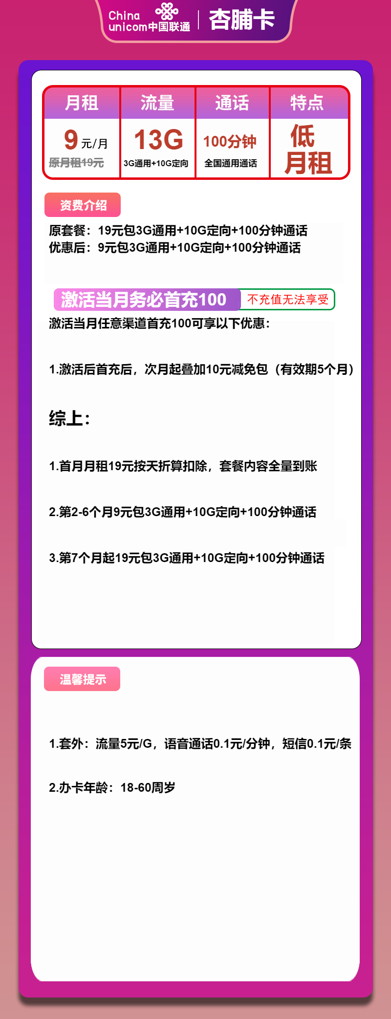 联通杏脯卡9元月包3G通用流量+10G定向流量+100分钟通话（第7个月起19元月租，长期套餐，仅发广东省内，可选号）