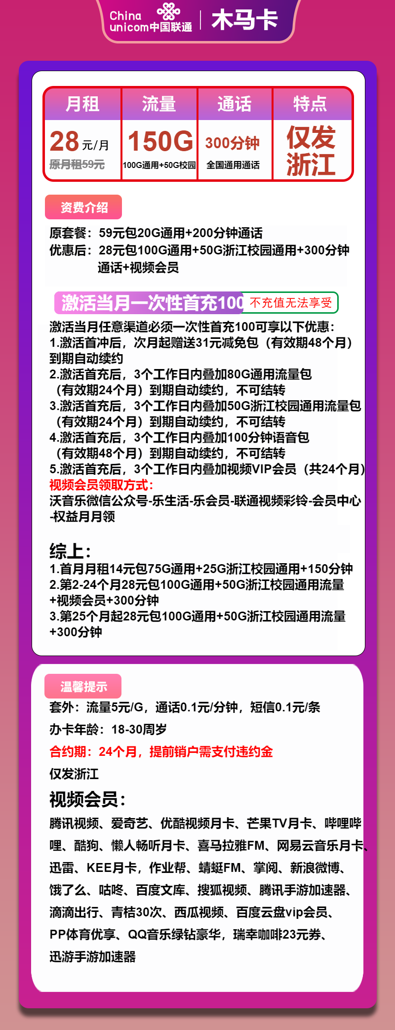 联通木马卡28元月包100G通用流量+50G校园流量+300分钟通话+会员(长期套餐,送2年视频会员,仅发浙江省内)