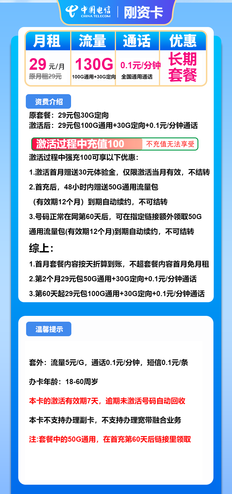 电信刚资卡29元月包100G通用流量+30G定向流量+通话0.1元/分钟(长期套餐)