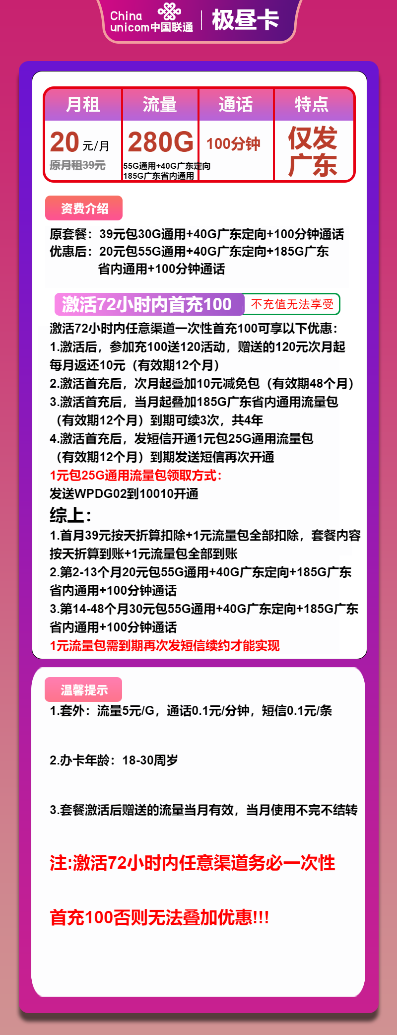 联通极昼卡20元月包55G全国通用流量+185G广东通用流量+40G广东定向流量+100分钟通话(第14个月起30元月租,4年套餐,仅发广东省内)