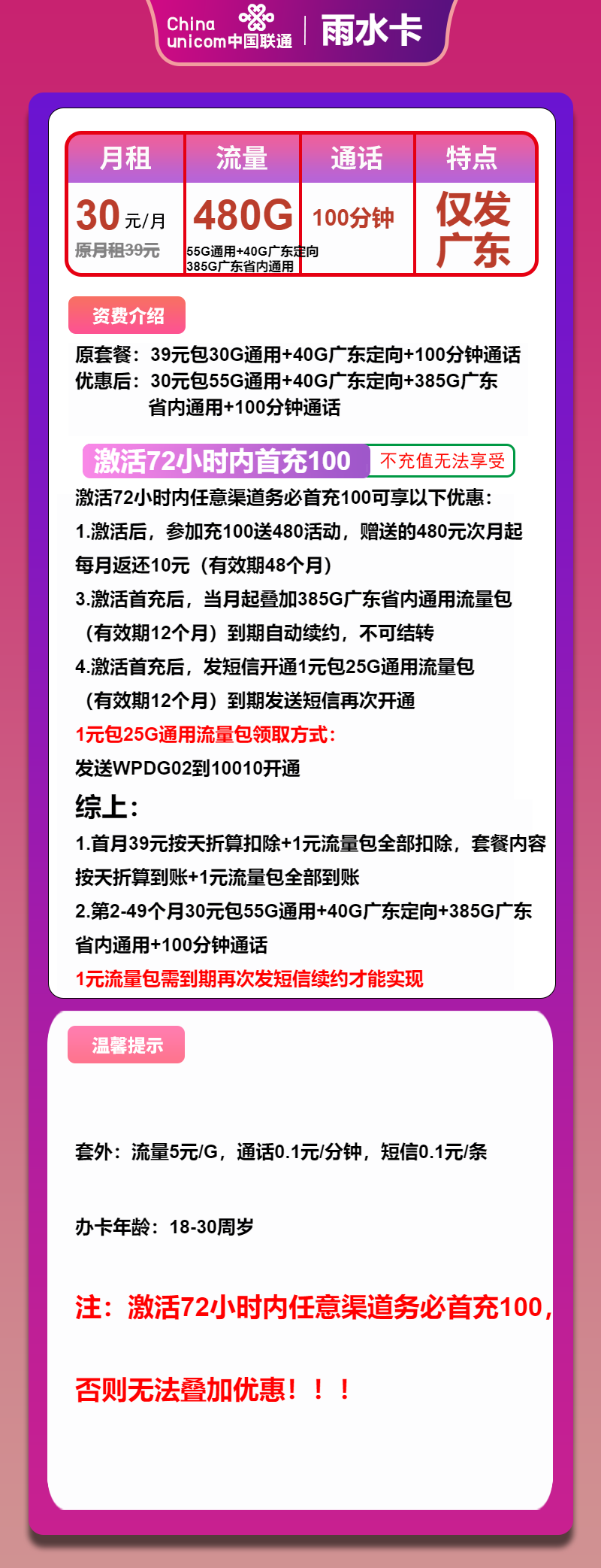 联通雨水卡30元月包385G广东通用流量+55G全国通用流量+40G定向流量+100分钟通话（4年套餐，仅发广东省内）